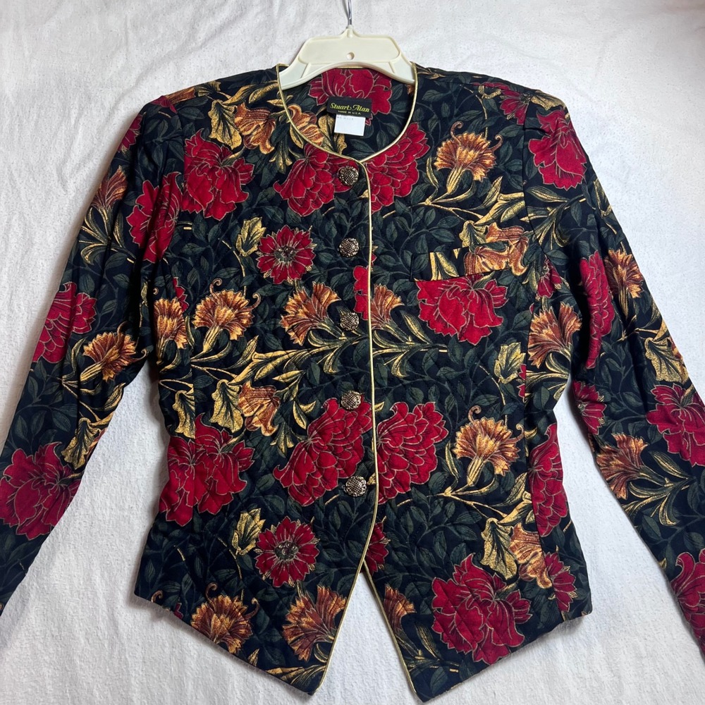 Stuart Alan Vintage Quilted Floral Blazer Jacket Red Gold Green Size 10 USA Made